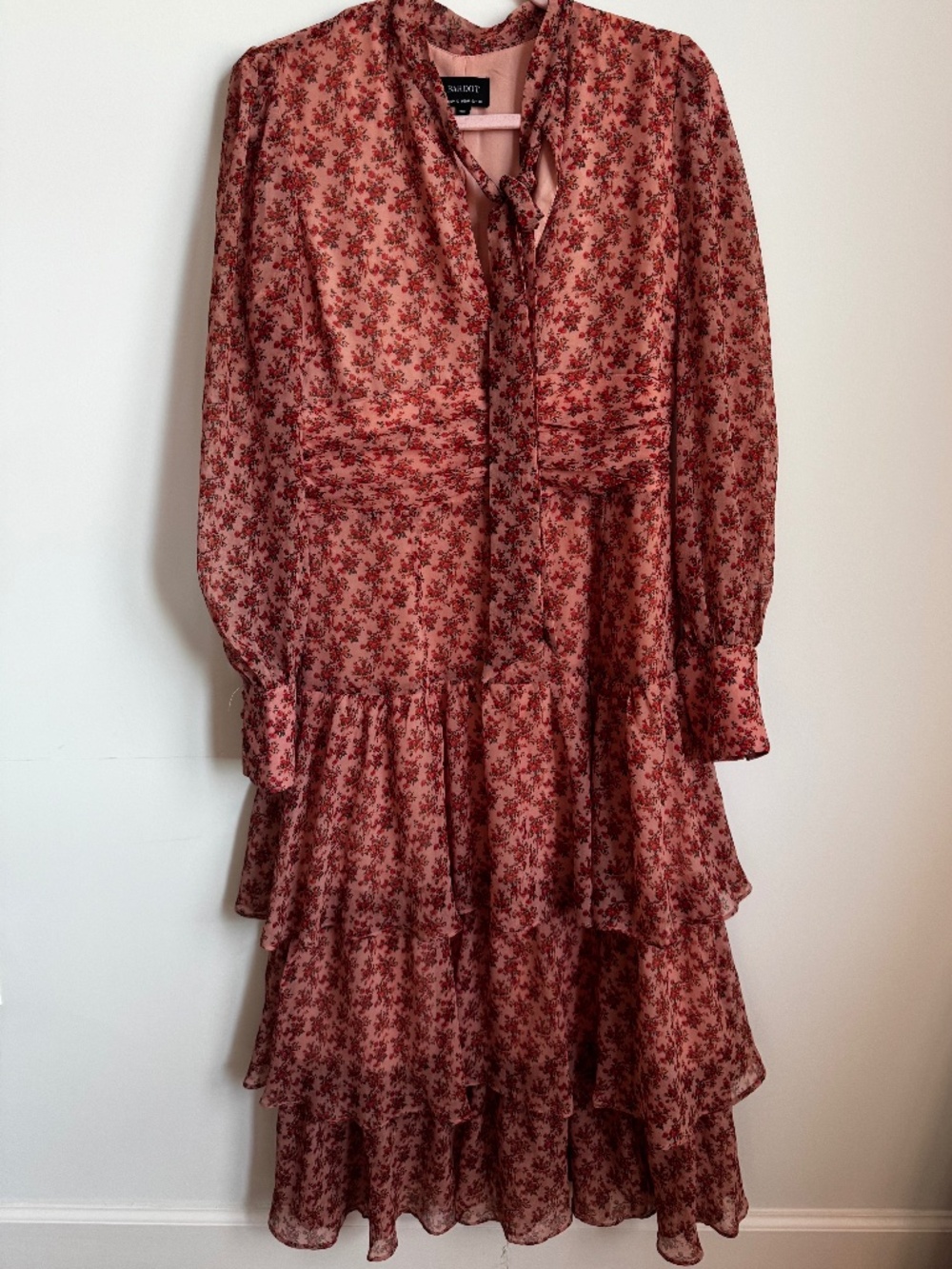 Bardot Floral Tiered Midi Dress NWOT | Size US 8 | Long Sleeve Tie Neck Dress